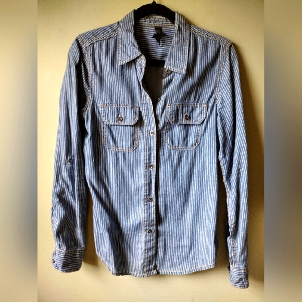 NEW Seven7 Denim Pin Striped Button Down Top